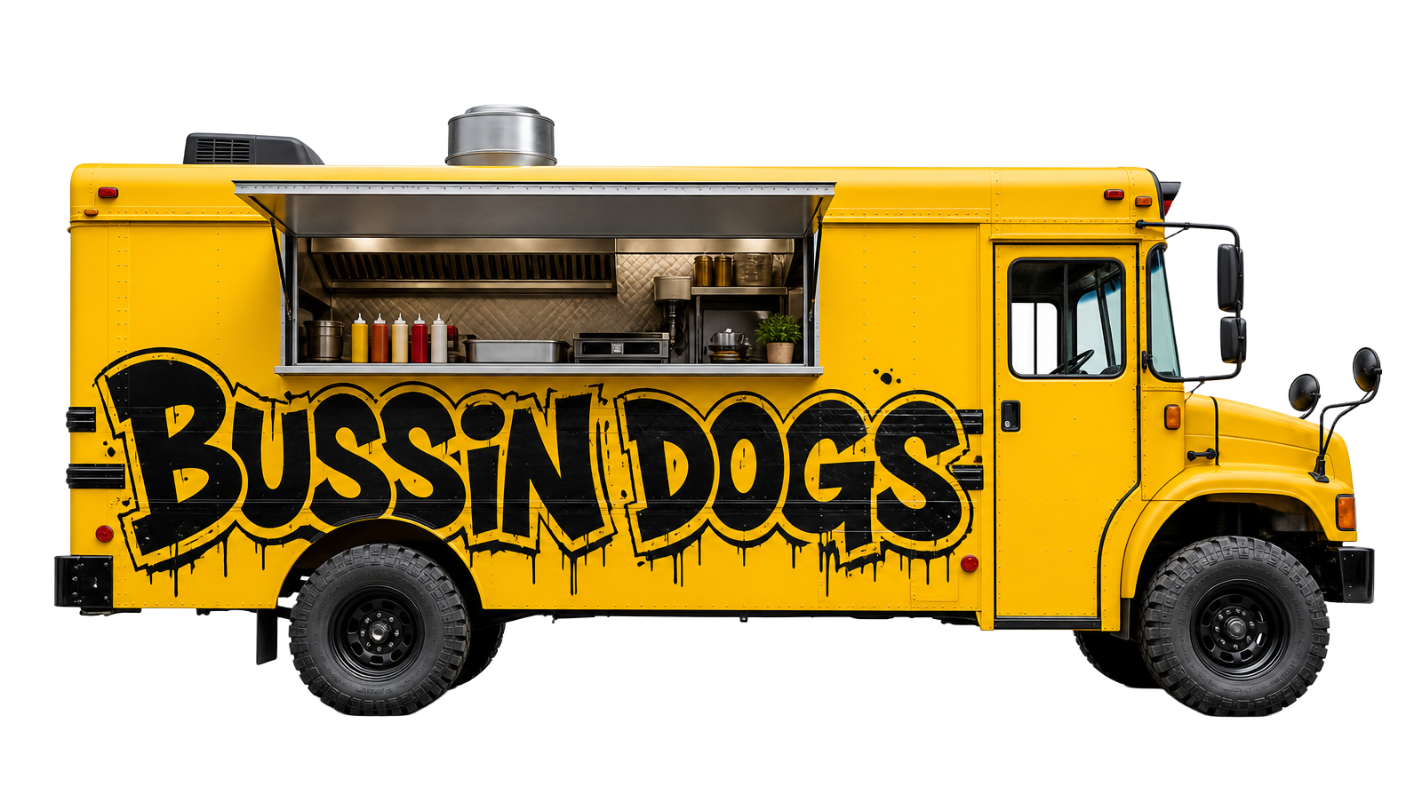 Bussin Dogs converted yellow school bus food truck