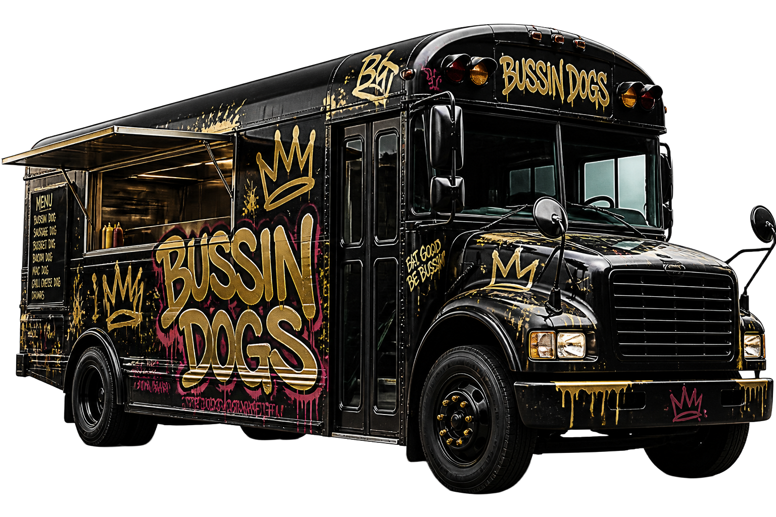 The black graffiti-wrapped Bussin Dogs school bus food truck in Marion, Ohio